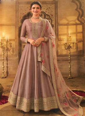 Brown dola silk embroidered anarkali suit 1