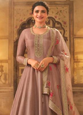 Brown dola silk embroidered anarkali suit 2