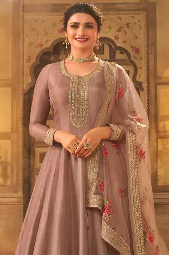 Brown dola silk embroidered anarkali suit