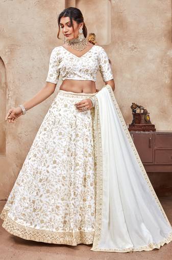 White Zari And Sequins Embroidered Vichitra Semi Stitched Lehenga