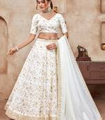 White Zari And Sequins Embroidered Vichitra Semi Stitched Lehenga