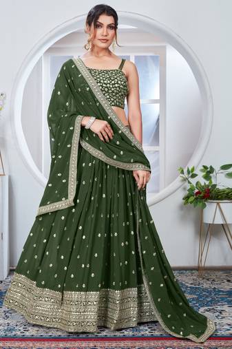 Green Zari And Sequins Embroidered Georgette Semi Stitched Lehenga
