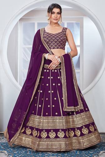 Wine Zari And Sequins Embroidered Georgette Semi Stitched Lehenga