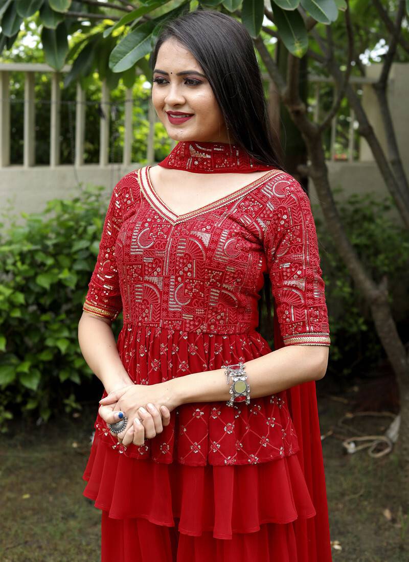 Red Georgette Embroidered Pakistani Sharara Suit