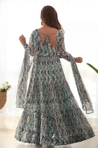 Fox Georgette Zigzag Print Fabric Fully Flair Anarkali Kurti With Dupatta Pent