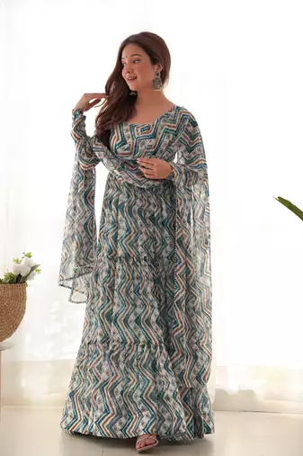 Fox Georgette Zigzag Print Fabric Fully Flair Anarkali Kurti With Dupatta Pent