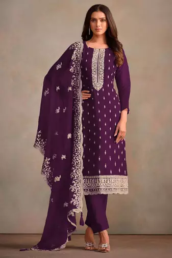 Violet organza embroidery work designer salwar suit