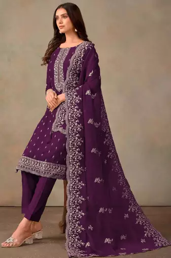 Violet organza embroidery work designer salwar suit
