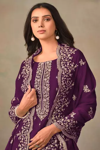 Violet organza embroidery work designer salwar suit