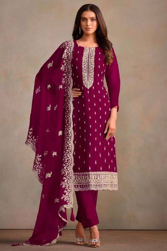 Wine organza embroidery work designer salwar suit