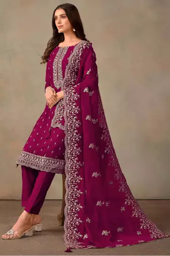 Wine organza embroidery work designer salwar suit