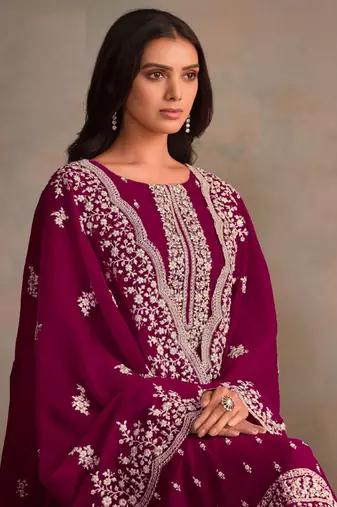 Wine organza embroidery work designer salwar suit