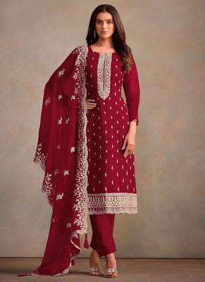 Maroon organza embroidery work designer salwar suit 1