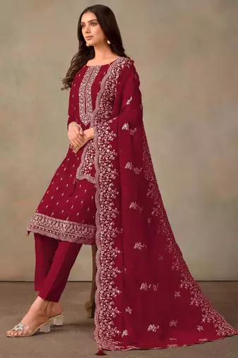 Maroon organza embroidery work designer salwar suit