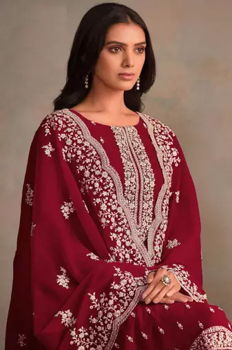 Maroon organza embroidery work designer salwar suit