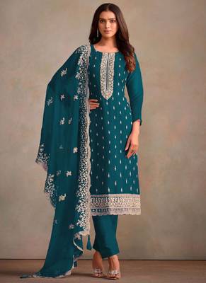 Aqua blue organza embroidery work designer salwar suit 1