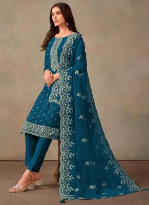Aqua blue organza embroidery work designer salwar suit 2