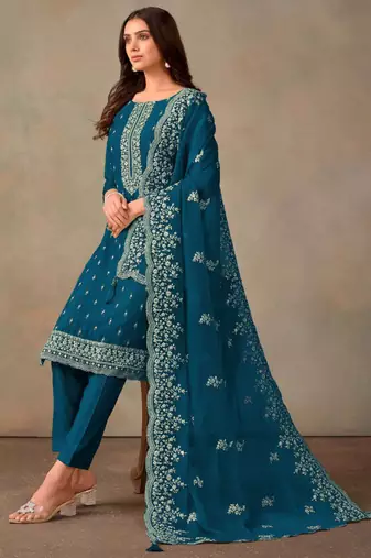 Aqua blue organza embroidery work designer salwar suit