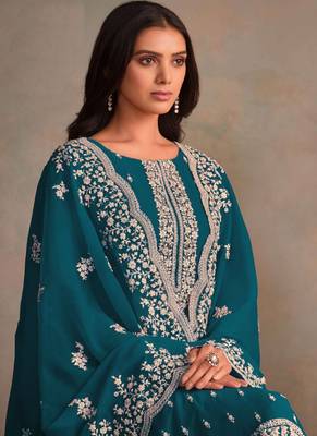 Aqua blue organza embroidery work designer salwar suit 3