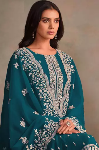 Aqua blue organza embroidery work designer salwar suit