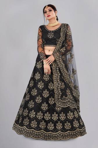 Women's Black Net Thread Embroidered Designer Lehenga Choli Set