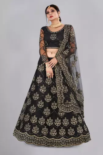 Women's Black Net Thread Embroidered Designer Lehenga Choli Set