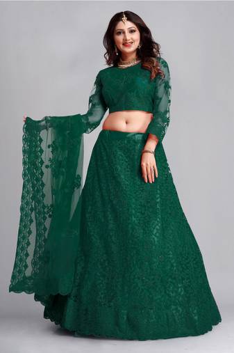 Women's Dark Green Net Thread Embroidered Designer Lehenga Choli Set