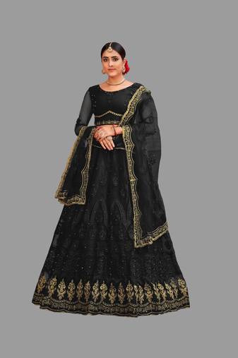 Women's Black Net Thread Embroidered Designer Lehenga Choli Set