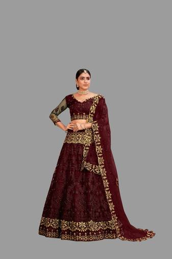 Women's Maroon Net Thread Embroidered Designer Lehenga Choli Set