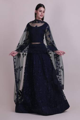 Women's Navy Blue Net Thread Embroidered Designer Lehenga Choli Set