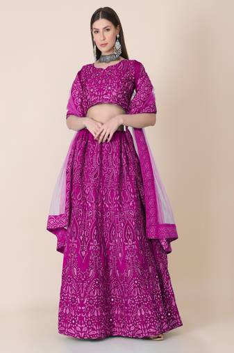 Women's Purple Taffeta Silk Thread Embroidered Designer Lehenga Choli Set