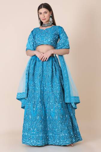 Women's Sky Blue Taffeta Silk Thread Embroidered Designer Lehenga Choli Set