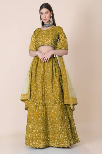 Women's Mustard Taffeta Silk Thread Embroidered Designer Lehenga Choli Set