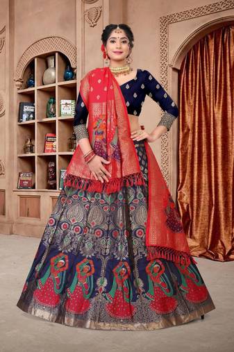 Women's Navy Blue Jacquard Zari Woven Designer Lehenga Choli Set