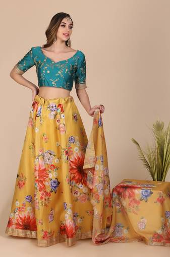 Women's Yellow Faux Banglory Silk Floral Printed Designer Lehenga Choli Set