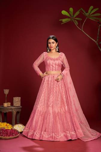 Women's Pink Net Thread Embroidered Designer Lehenga Choli Set