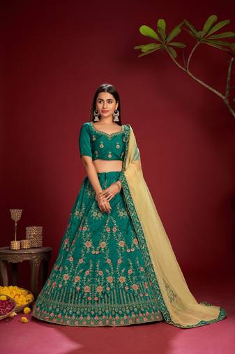 Women's Dark Green Taffeta Silk Thread Embroidered Designer Lehenga Choli Set