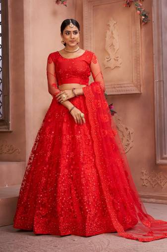 Women's Red Net Thread Embroidered Designer Lehenga Choli Set