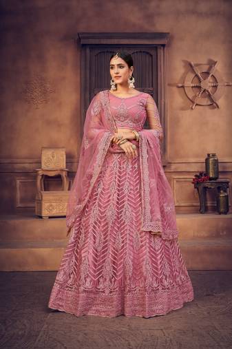 Women's Dusty Pink Net Thread Embroidered Designer Lehenga Choli Set