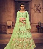 Women's Pista Green Taffeta Silk Thread Embroidered Designer Lehenga Choli Set