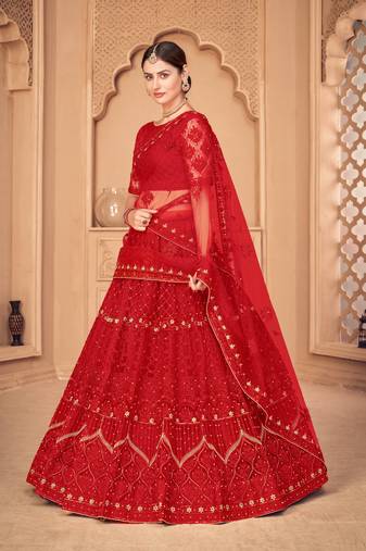 Women's Red Net Thread Embroidered Designer Lehenga Choli Set