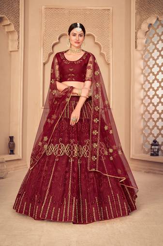 Women's Maroon Net Thread Embroidered Designer Lehenga Choli Set