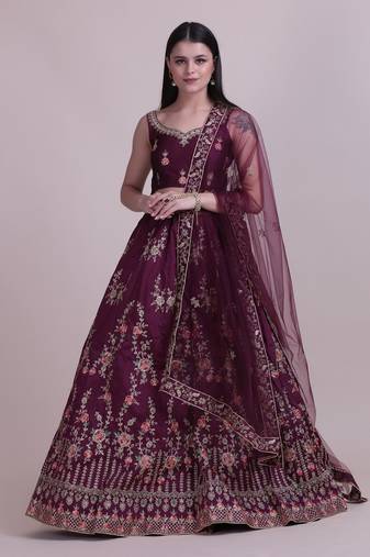 Women's Wine Taffeta Silk Thread Embroidered Designer Lehenga Choli Set