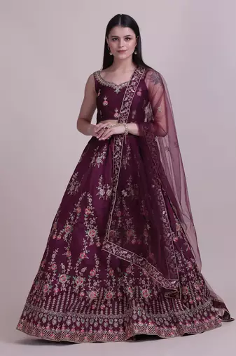 Women's Wine Taffeta Silk Thread Embroidered Designer Lehenga Choli Set