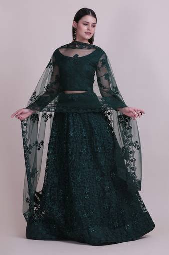 Women's Dark Green Net Thread Embroidered Designer Lehenga Choli Set