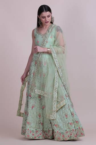 Women's Sea Green Taffeta Silk Thread Embroidered Designer Lehenga Choli Set