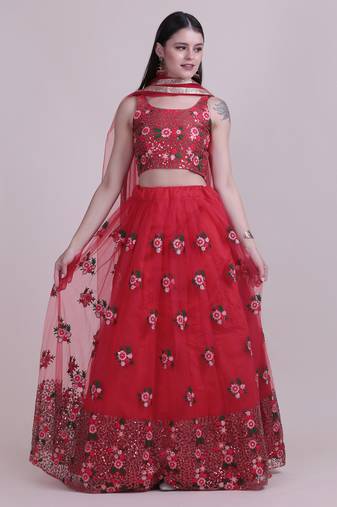 Women's Red Net Thread Embroidered Designer Lehenga Choli Set