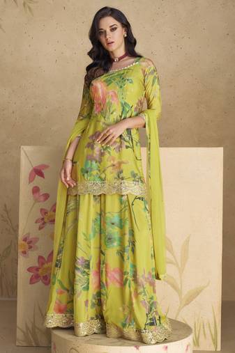 Parrot green real chinnon silk embroidery readymade suit with net dupatta