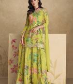 Parrot green real chinnon silk embroidery readymade suit with net dupatta