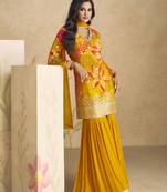 Mustard real chinnon silk embroidery readymade suit with net dupatta